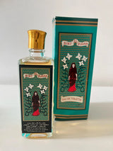 A bottle of Bint El Sudan Eau de Toilette perfume with a gold cap and a matching green patterned box, both featuring an illustration of a woman in a red dress.Bint El Sudan – Chypre EDT 100ml