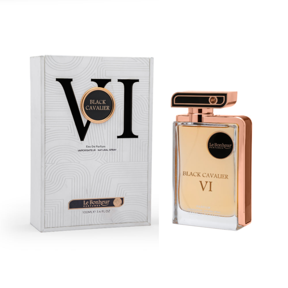 Perfume bottle and packaging of Black Cavalier VI by Le Bonheur on a white background Black Cavalier VI – Oriental Woody EDP 100ml – Le Bonheur Perfumes