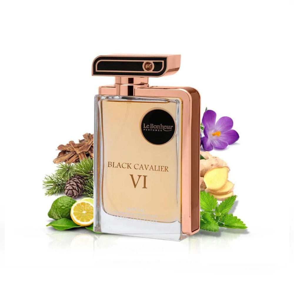 A bottle of La Bonheur Paris Black Cavalier VI perfume, featuring a clear glass body with a warm beige liquid, a metallic rose gold frame, and a black cap. The bottle is styled with botanical ingredients including mint leaves, ginger, cinnamon, a lemon slice, and a purple flower on a white background. Black Cavalier VI – Oriental Woody EDP 100ml – Le Bonheur Perfumes