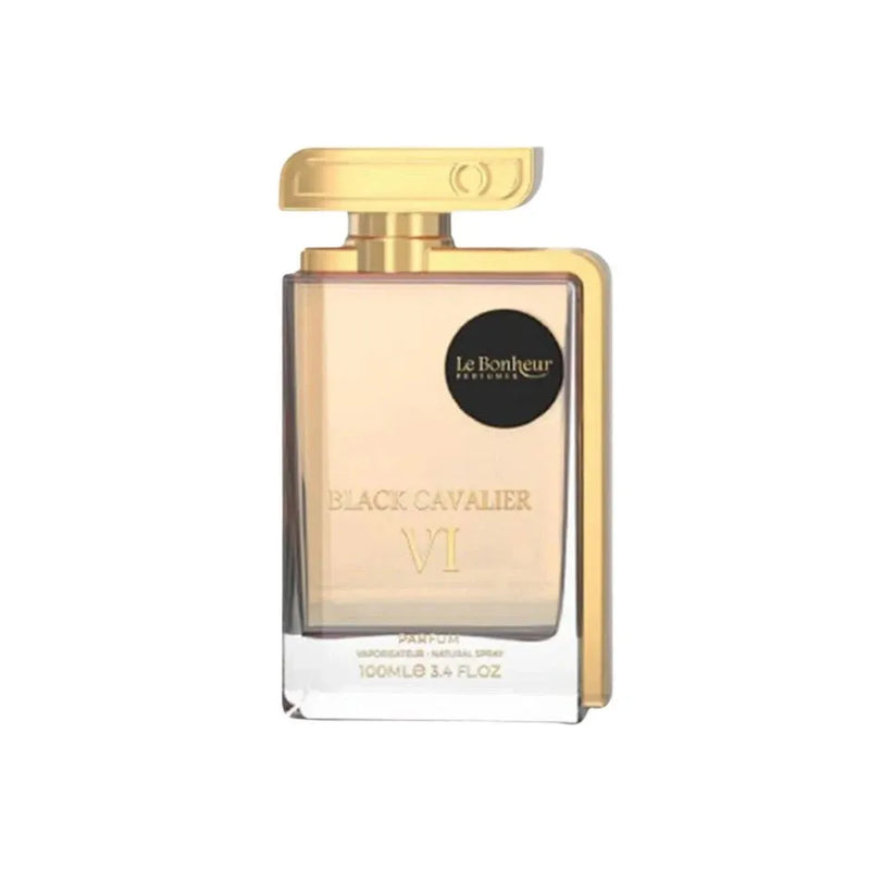 Perfume bottle labeled 'Black Cavalier VI' by Le Bonheur on a white Black Cavalier VI – Oriental Woody EDP 100ml – Le Bonheur Perfumesbackground