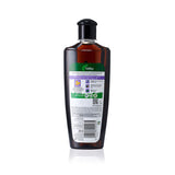A 360 ml bottle of Varik hair restoration shampoo, shown from the back against a white background. The bottle is dark amber-brown with a black cap and a white label featuring green and purple accents.
