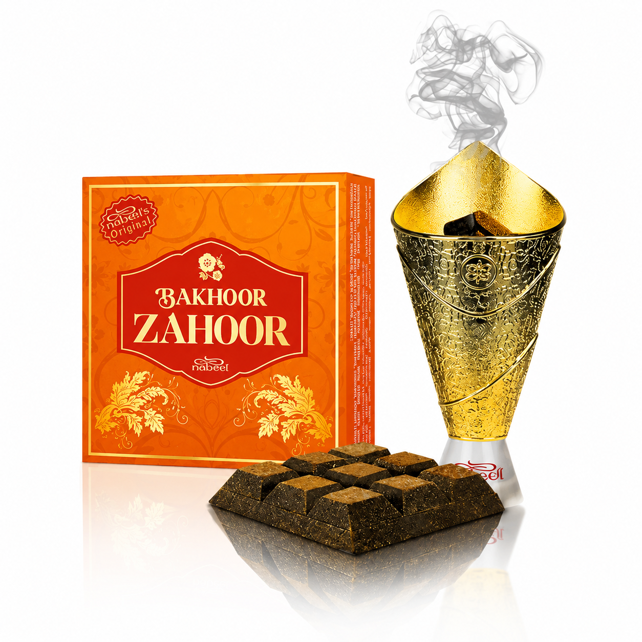 Bakhoor Zahoor incense packaging with a smoking cone and blocks on a white background