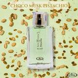 Perfume bottle labeled 'Choco Musk Pistachio' on a background with pistachios
