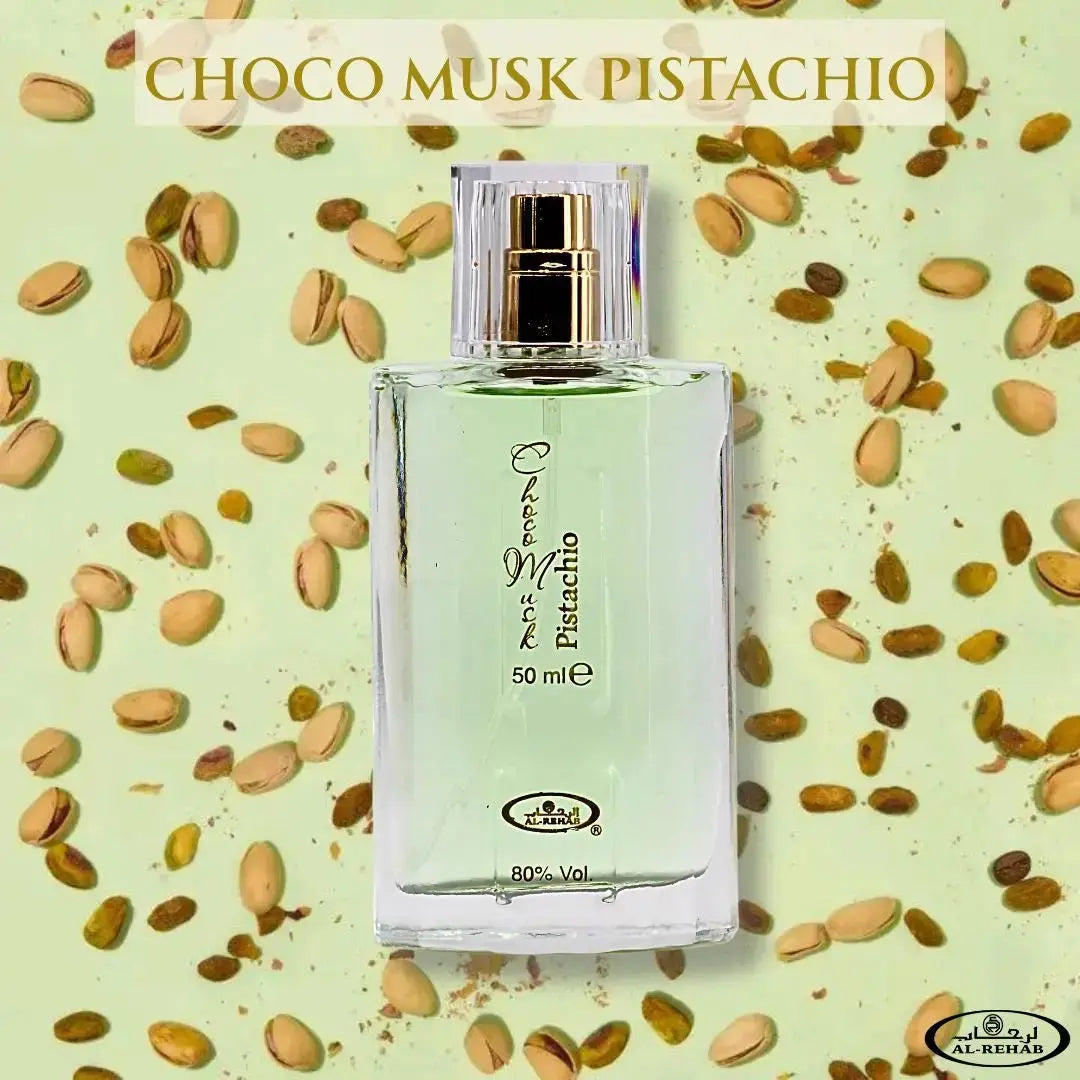 Perfume bottle labeled 'Choco Musk Pistachio' on a background with pistachios