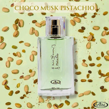 Perfume bottle labeled 'Choco Musk Pistachio' on a background with pistachios