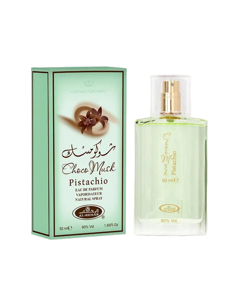 Perfume bottle and packaging of Choco Muck Pistachio on a white background