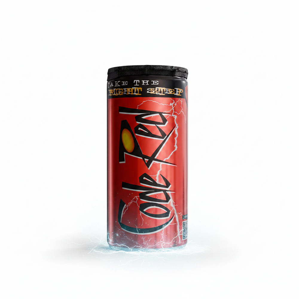 Red can with black text on a black background
