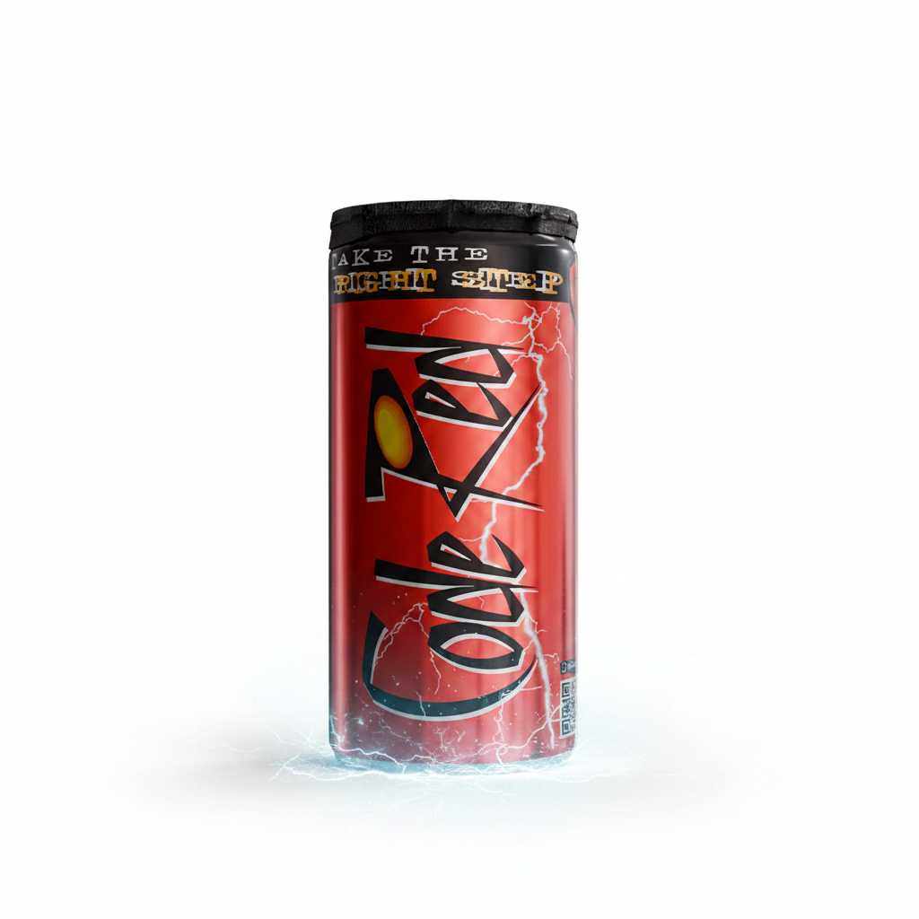 Red can with black text on a black background