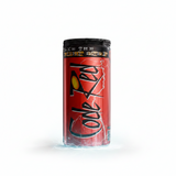 Red can with black text on a black background