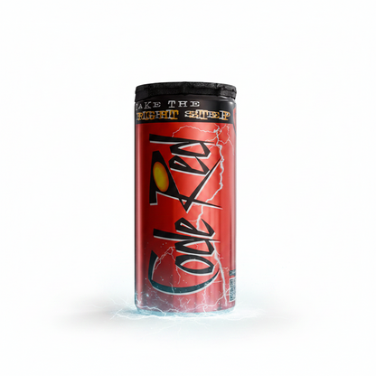 Red can with black text on a black background