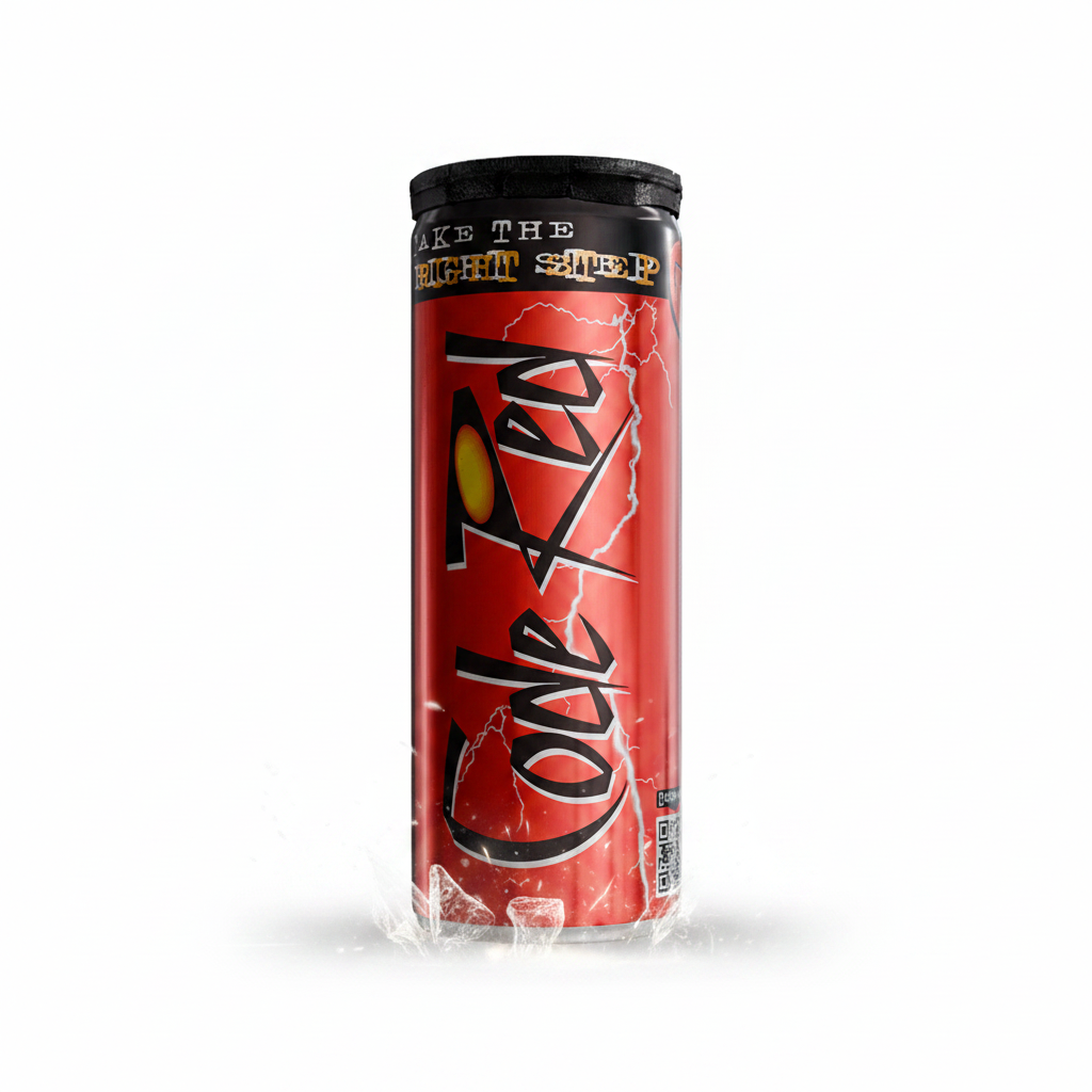 Coke Zero can with red label and black cap on a black background
