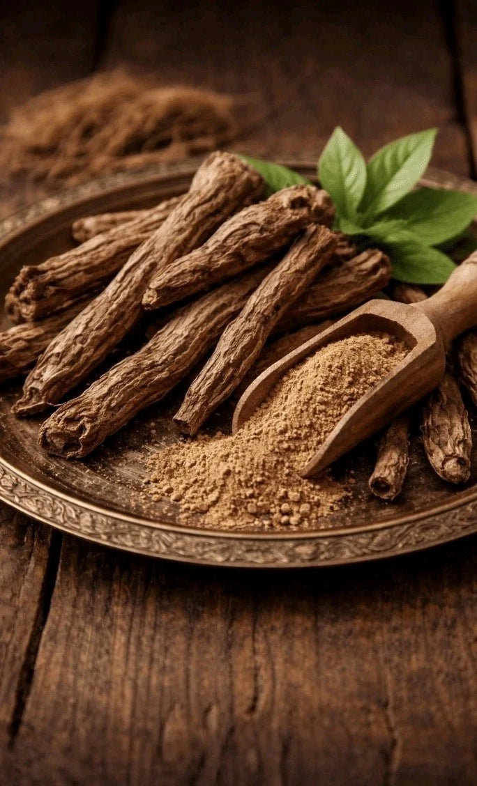 Whole and ground brown herbal roots arranged on a decorative metal plate with a wooden scoop and green leaves, set on a rustic dark wood surface.