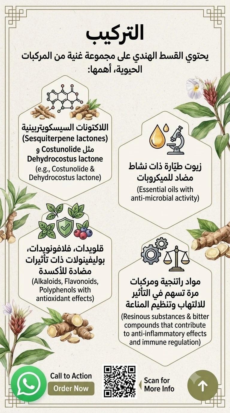 An informational product card in Arabic about essential oils and their health benefits, featuring illustrations of herbs, roots, and botanical elements around text blocks. It includes a WhatsApp call-to-action button, a QR code, and a green circular 'Scan for More Info' button at the bottom.
