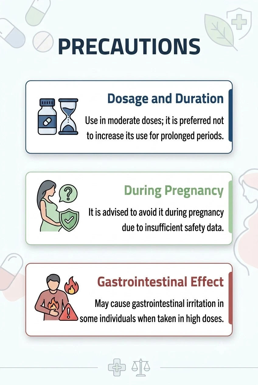 An informational infographic titled 'PRECAUTIONS' with three illustrated warning boxes: 'Dosage and Duration,' 'During Pregnancy,' and 'Gastrointestinal Effect,' on a pale mint background with medical icons.