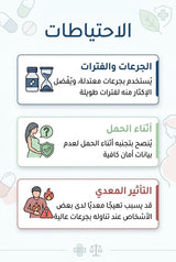 An Arabic infographic poster with three illustrated sections about health precautions, including icons for a pill bottle, hourglass, pregnant woman, and person with a burning face. The background is a very light pastel blue with faint medical-themed illustrations.