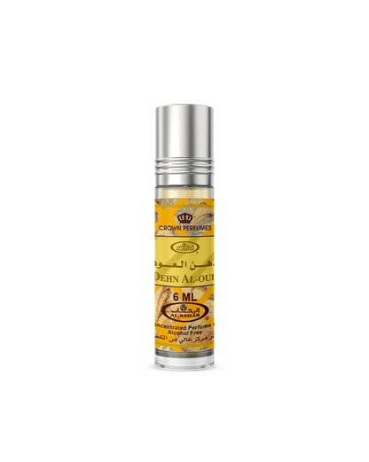 Perfume bottle with yellow label on a white background