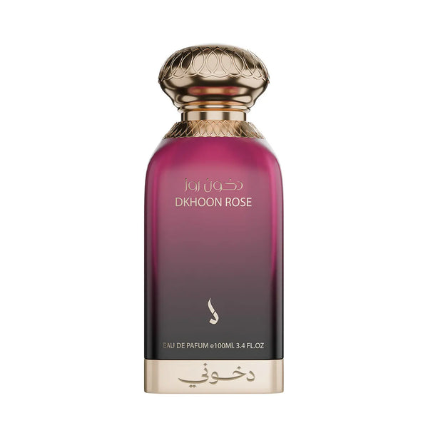 A bottle of DKHOON ROSE Eau de Parfum with a dark purple-to-black gradient body, a metallic gold cap, and gold lettering on a white background.Dkhoon Rose – Floral Oriental EDP 100ml – Dkhoon AlEmiratia