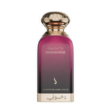 A bottle of DKHOON ROSE Eau de Parfum with a dark purple-to-black gradient body, a metallic gold cap, and gold lettering on a white background.Dkhoon Rose – Floral Oriental EDP 100ml – Dkhoon AlEmiratia
