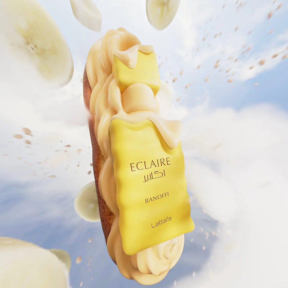Yellow Eclaire Banoffi packaging with cream-like texture on a light blue background