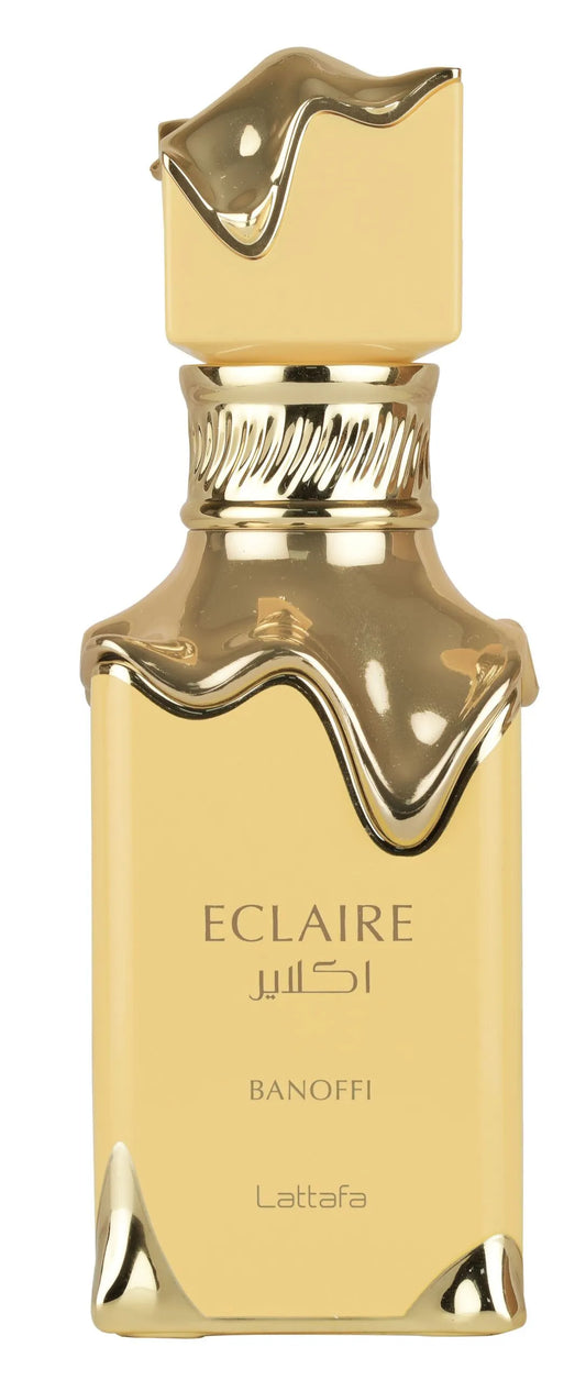 Gold Eclaire perfume bottle with 'Banoffi' and 'Lattafa' branding on a white background