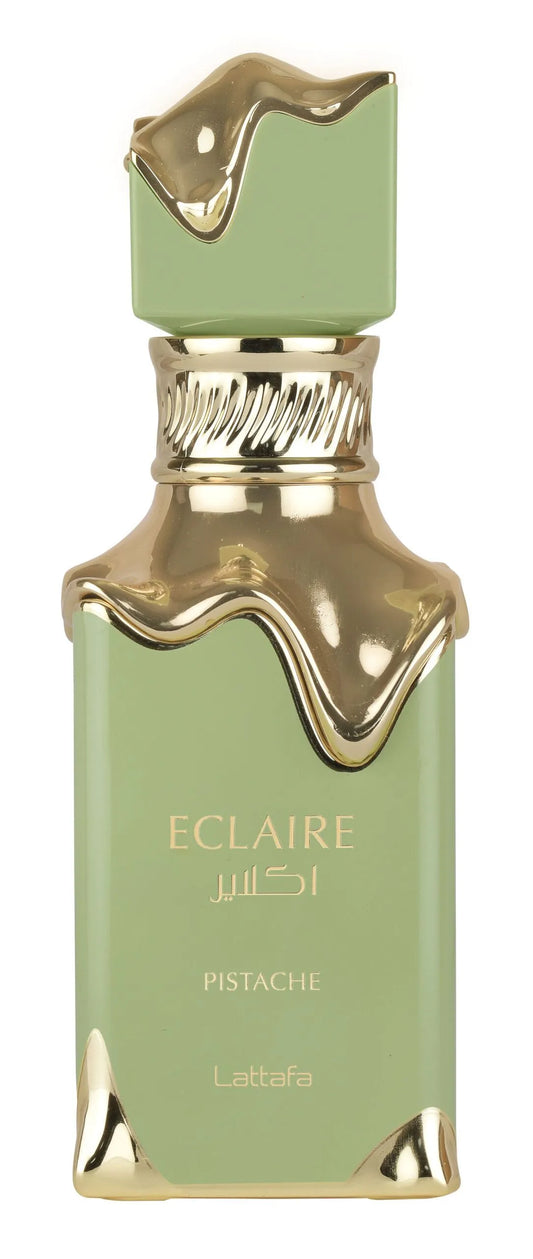 Green and gold perfume bottle labeled 'Eclaire Pistache' by Louboutin on a white background