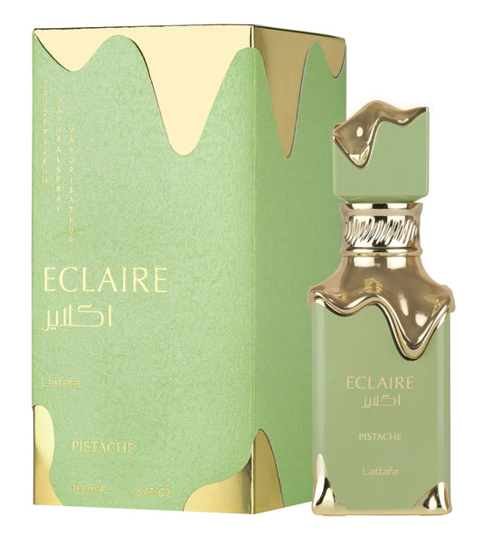 Eclaire Pistache perfume bottle and packaging on a white background
