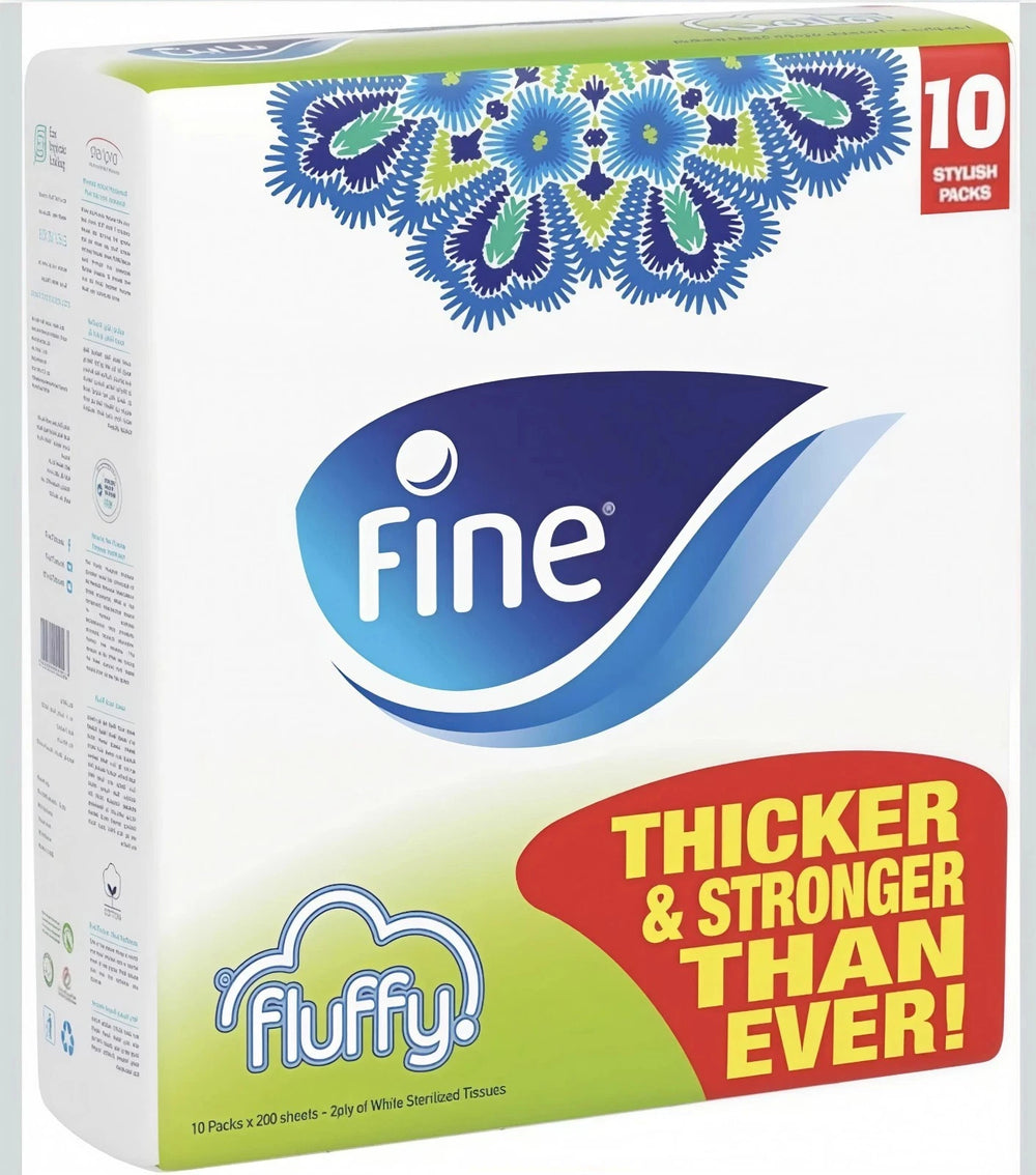 A package of Fine Fluffy thicker and stronger than ever! 10 pack of white sterilized facial tissues, featuring a white box with blue and green decorative patterns, a blue Fine logo, and a red promotional badge. Fine Fluffy white facial tissues 130 sheets 2 ply soft pack green blue packaging