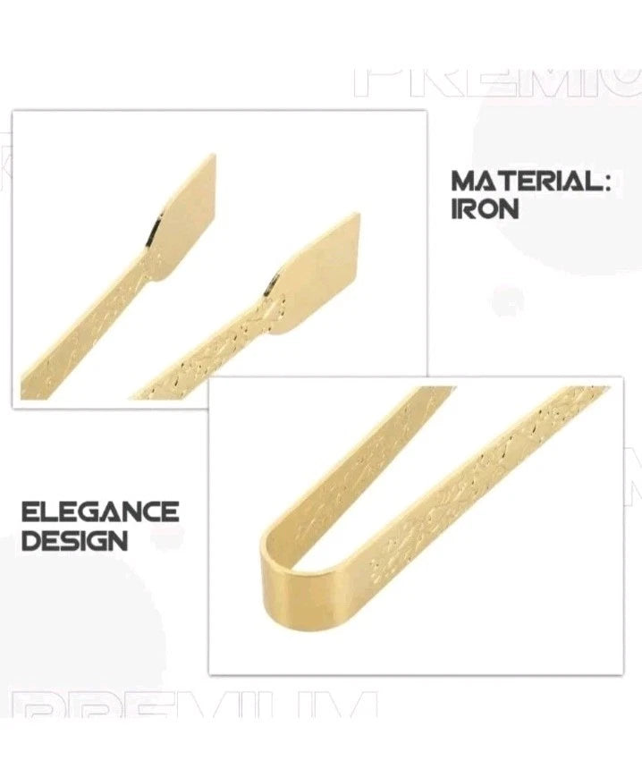 Gold-colored U-shaped iron bracket with a textured pattern, shown in two detail views with text labels 'MATERIAL: IRON' and 'ELEGANCE DESIGN' on a white background.