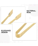 Gold-colored U-shaped iron bracket with a textured pattern, shown in two detail views with text labels 'MATERIAL: IRON' and 'ELEGANCE DESIGN' on a white background.