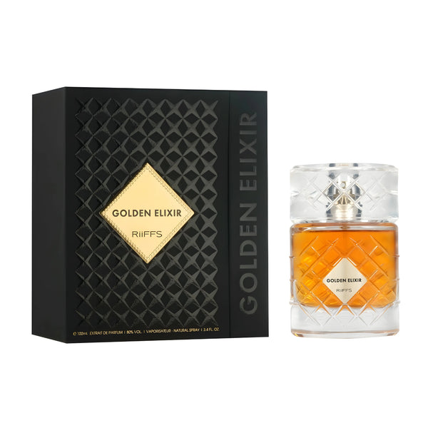 Golden Elixir by Riiffs perfume shown with its black textured box and the clear glass bottle containing amber-orange liquid, on a white background.Golden Elixir Extrait de Parfum 100ml – RiiffsGolden Elixir Extrait de Parfum 100ml – Riiffs