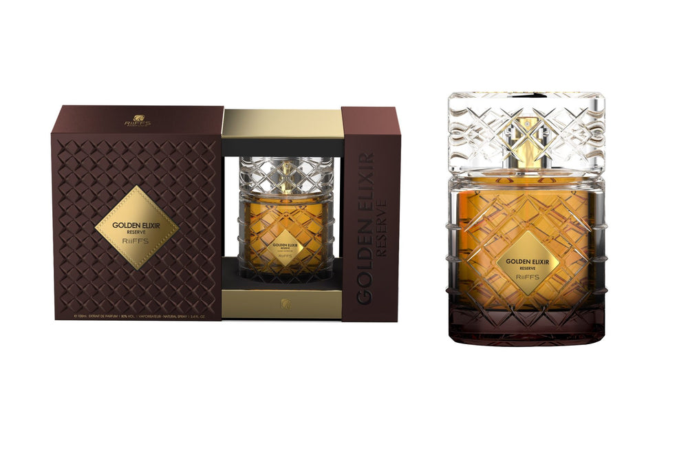 Perfume bottle with decorative packaging on a white background Golden Elixir Reserve Extrait de Parfum 100ml – Riiffs