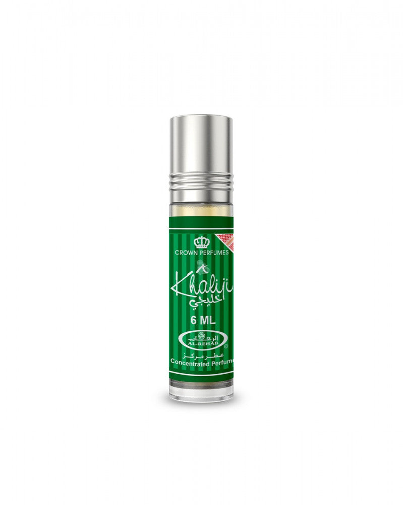 Green and silver perfume bottle with 'Khali' branding on a white background