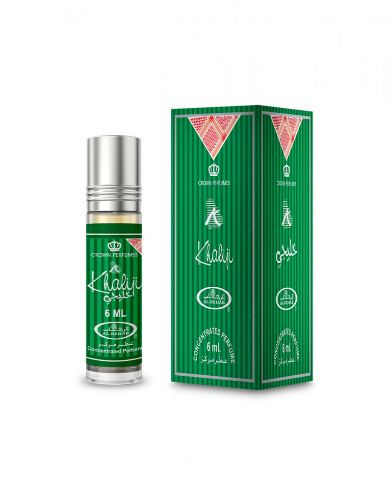 Green perfume bottle and packaging with 'Khalil' branding on a white background