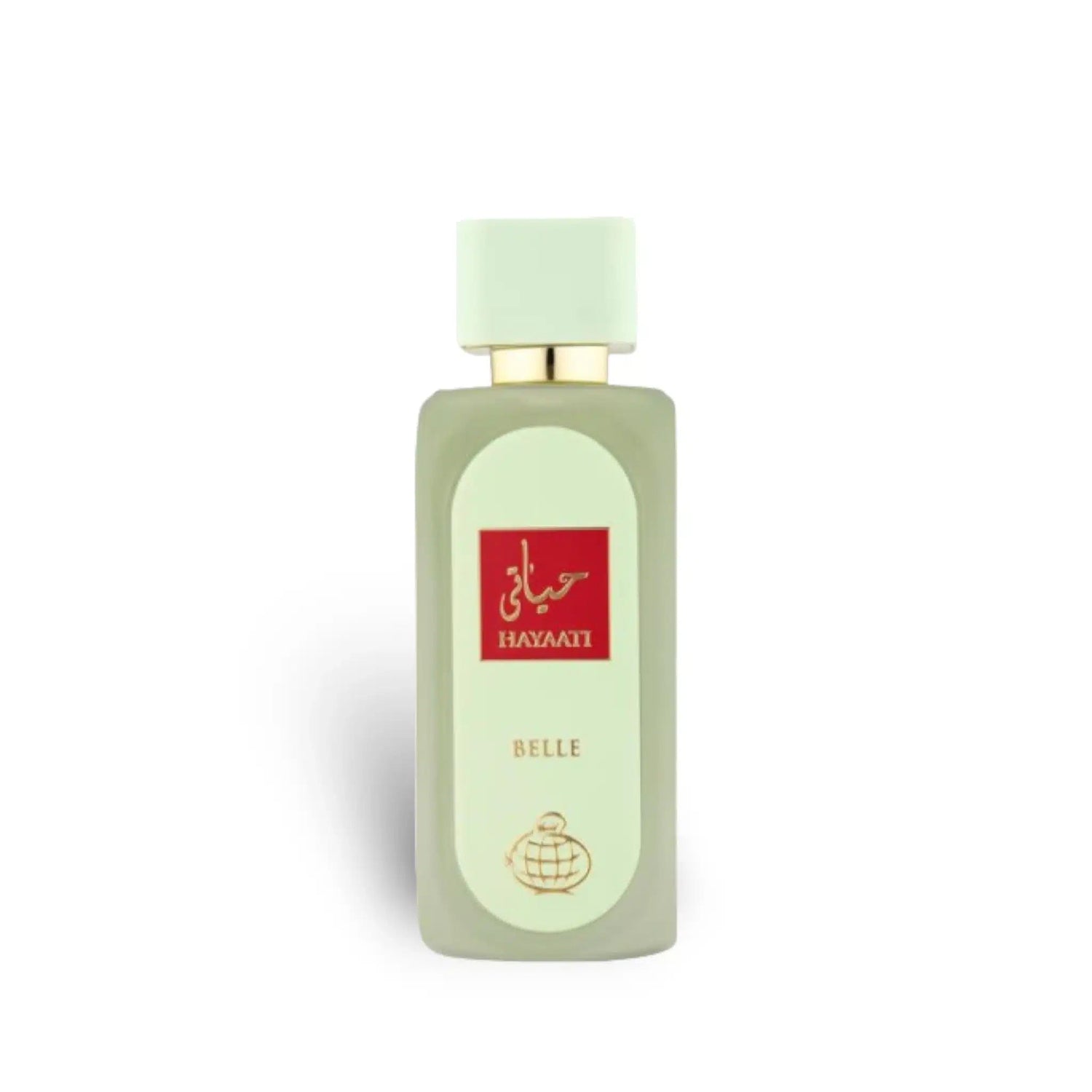 Perfume bottle with a light green label on a white background