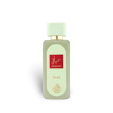 Perfume bottle with a light green label on a white background