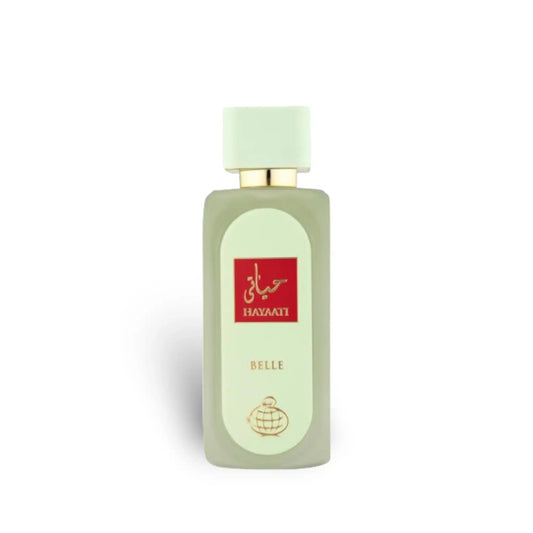 Perfume bottle with a light green label on a white background
