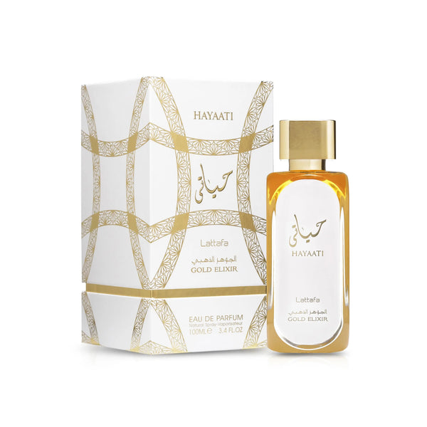 Hayaati Lattafa Gold Elixir perfume bottle and packaging on a white background