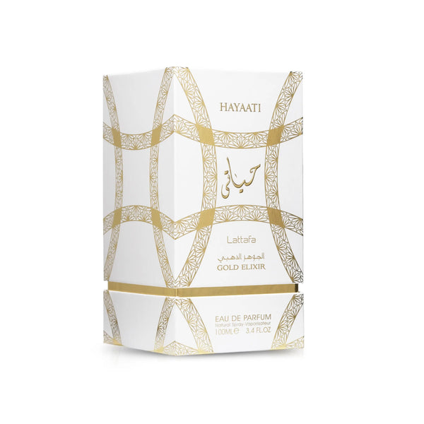 Hayaati Lattafa Gold Elixir perfume packaging on a white background