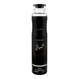 A black cylindrical air freshener bottle with a silver neck and a black cap, featuring white text that reads 'HAYAATI' and 'Air Freshener' on a plain white background.
