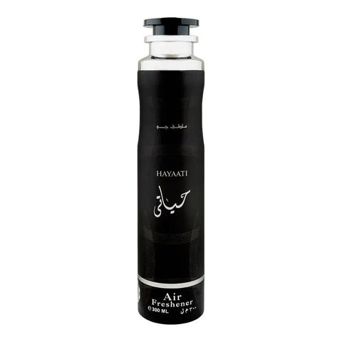 A black cylindrical air freshener bottle with a silver neck and a black cap, featuring white text that reads 'HAYAATI' and 'Air Freshener' on a plain white background.