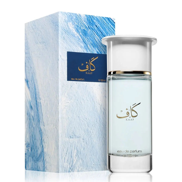 Perfume bottle and packaging with 'KAAF' branding on a white background