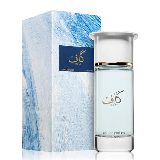 Perfume bottle and packaging with 'KAAF' branding on a white background