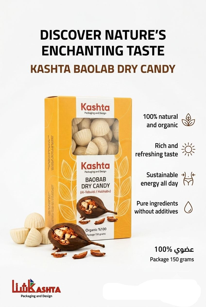 Kashta Baolab dry candy packaging with product and branding details on a white background