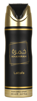 A black and gold cylindrical perfume spray bottle labeled 'Khamrah' and 'Lattafa' with Arabic text, shown on a plain white background.