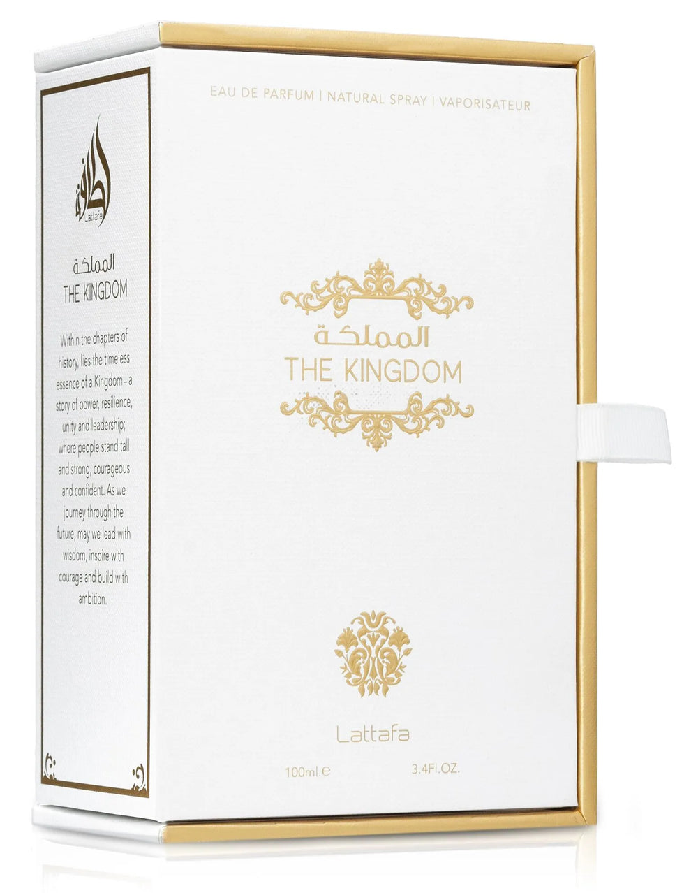 Perfume packaging with gold accents and 'The Kingdom' branding on a white background