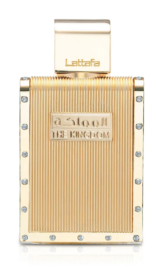 Gold Lettafa perfume bottle with decorative elements on a white background