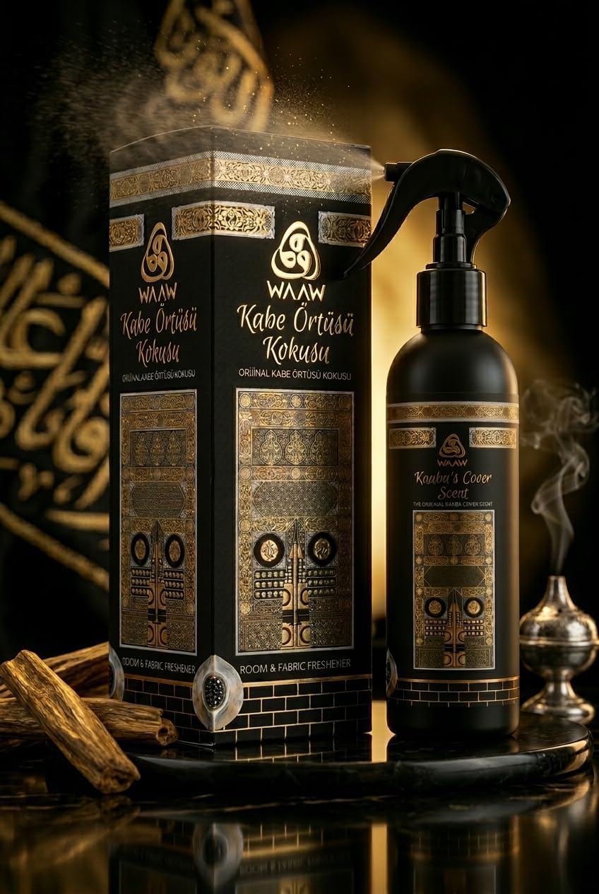 A dark bottle and matching box of WAAW Kabe Orbitri Kokuless (Kokusu) room and fabric freshener, styled with incense sticks and a burning incense burner on a reflective black surface.