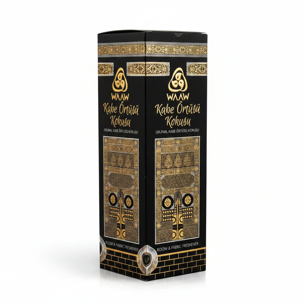 WAAW Kabe Ortüsi Kokusu room and fabric freshener in a tall black box with ornate gold patterns and text, shown on a plain white background.