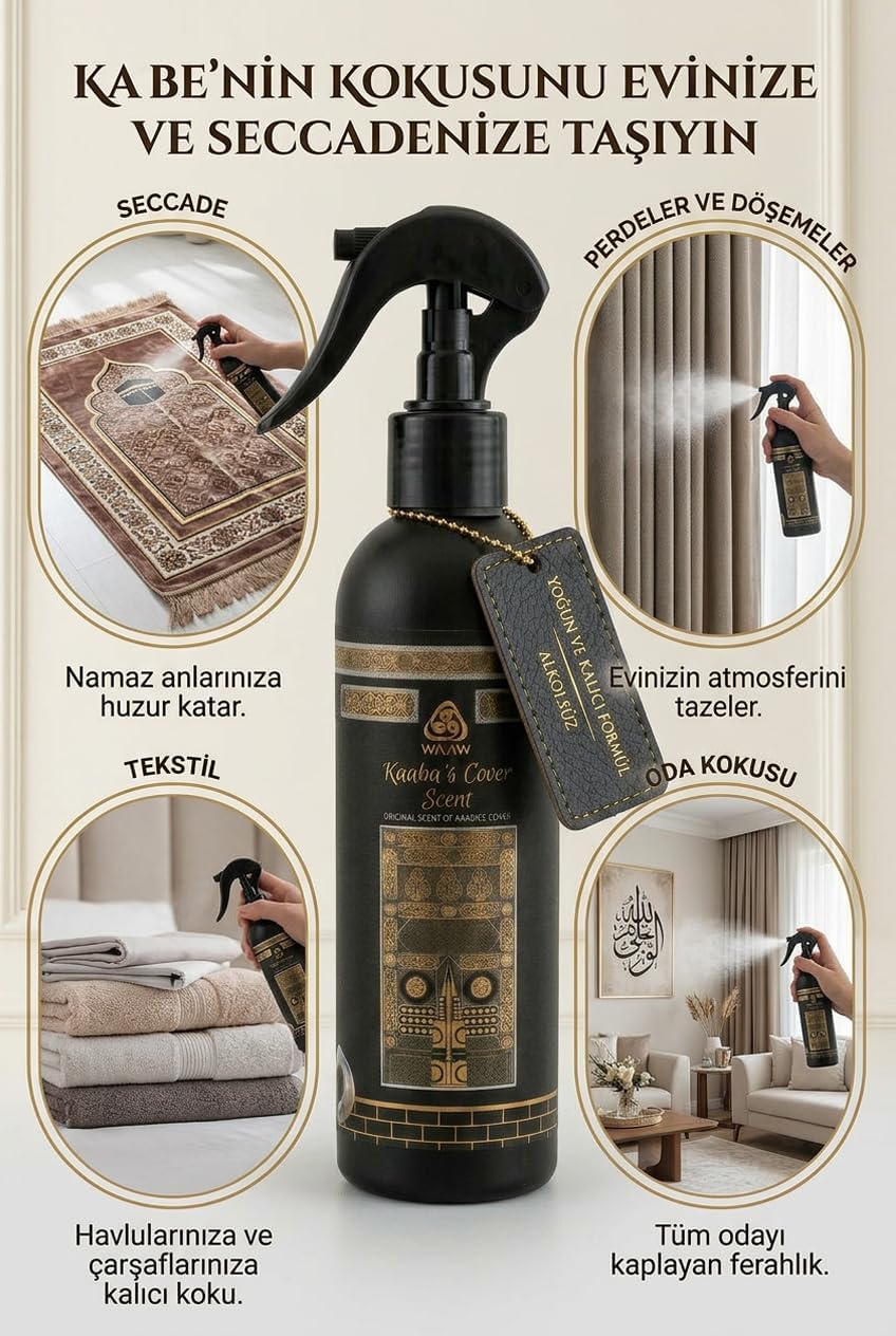 A bottle of Kadeyn Kocusu room spray centered on a beige promotional graphic with Turkish text and four inset lifestyle photos showing the spray used on a rug, curtains, bedding, and a living room floor.
