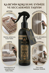A bottle of Kadeyn Kocusu room spray centered on a beige promotional graphic with Turkish text and four inset lifestyle photos showing the spray used on a rug, curtains, bedding, and a living room floor.